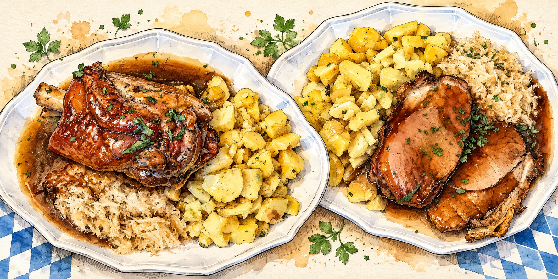 Farbige Strichzeichnungs-Collage von Schweinshaxe und Krustenbraten mit Kartoffeln, Sauerkraut und Bratensoße.