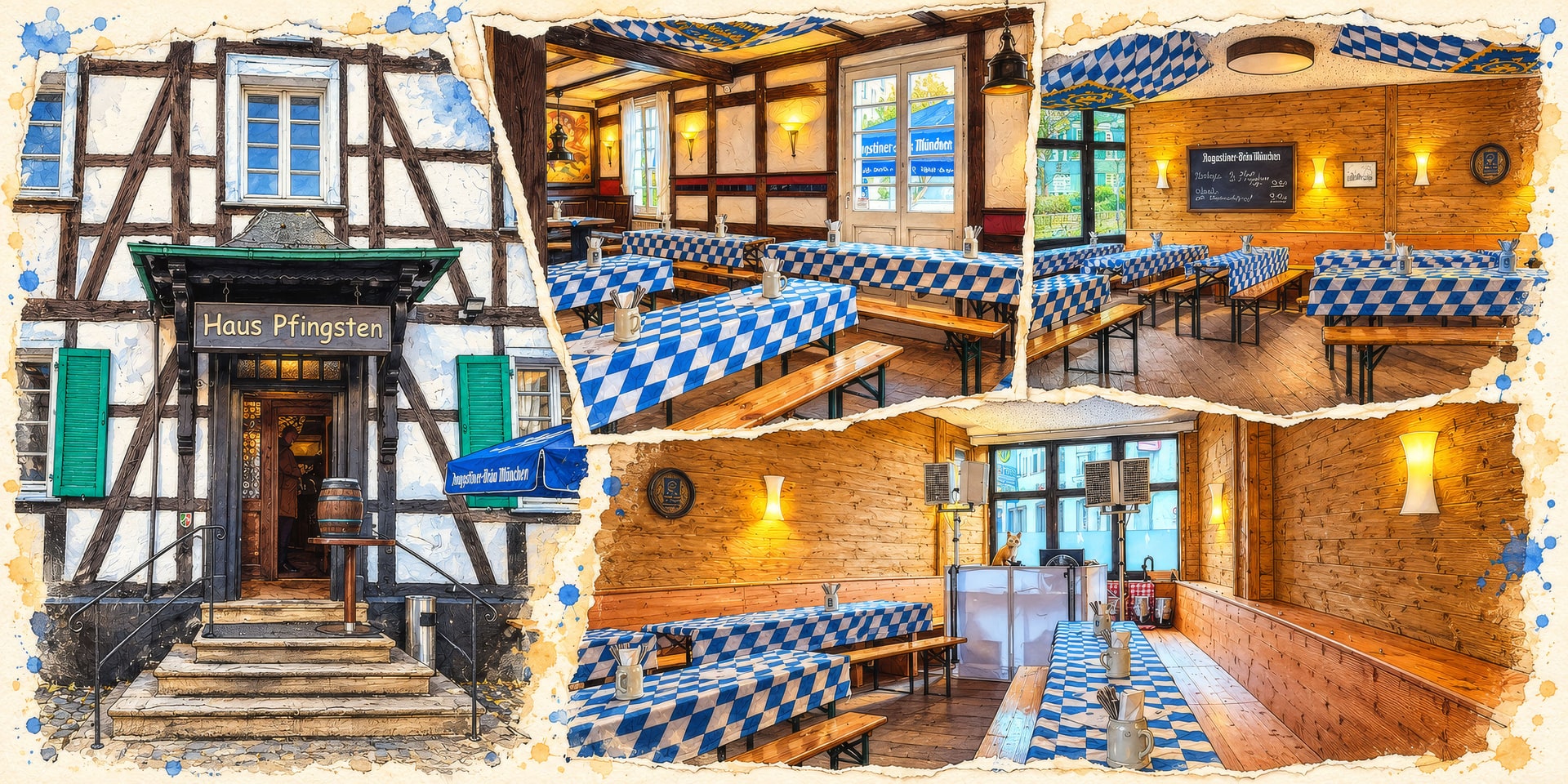 Farbige Strichzeichnungs-Collage des Wirtshauses Pfingsten mit Fachwerkfassade, grünen Fensterläden und gemütlichen Gasträumen mit blau-weißer Dekoration.